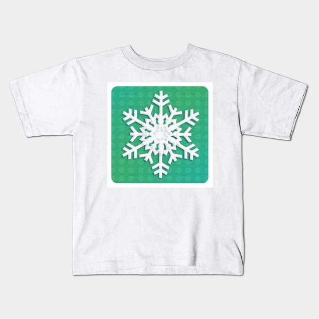 Snowflake Winter Holiday Christmas Kids Party Decoration. White Snowflake on green christmas tree background. Kids T-Shirt by sofiartmedia